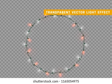 Christmas lights isolated realistic design elements. Xmas glowing lights. Garlands, Christmas decorations.