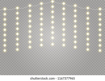 Christmas lights isolated realistic design elements. Glowing lights for Xmas Holiday cards, banners, posters, web design. Garlands decorations. Led neon lamp