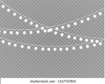 Christmas lights isolated realistic design elements. Glowing lights for Xmas Holiday cards, banners, posters, web design. Garlands decorations. Led neon lamp