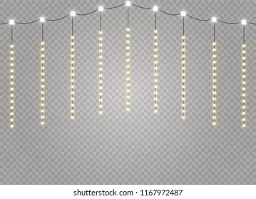 Christmas lights isolated realistic design elements. Glowing lights for Xmas Holiday cards, banners, posters, web design. Garlands decorations. Led neon lamp