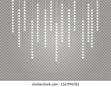 Christmas lights isolated realistic design elements. Glowing lights for Xmas Holiday cards, banners, posters, web design. Garlands decorations. Led neon lamp