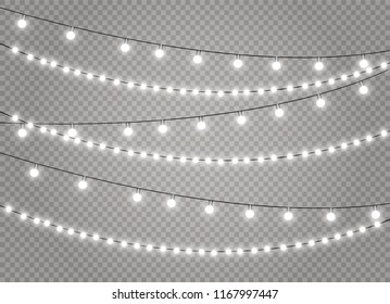 Christmas lights isolated realistic design elements. Glowing lights for Xmas Holiday cards, banners, posters, web design. Garlands decorations. Led neon lamp