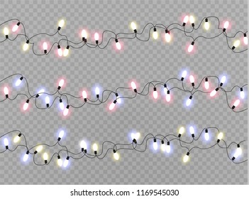 Christmas lights isolated realistic design elements. Glowing lights for Xmas Holiday cards, banners, posters, web design. Garlands decorations. Led neon lamp
