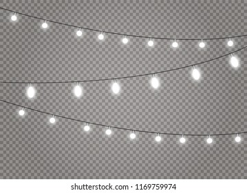 Christmas lights isolated realistic design elements. Glowing lights for Xmas Holiday cards, banners, posters, web design. Garlands decorations. Led neon lamp