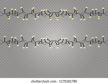 Christmas lights isolated realistic design elements. Glowing lights for Xmas Holiday cards, banners, posters, web design. Garlands decorations. Led neon lamp