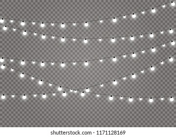 Christmas lights isolated realistic design elements. Glowing lights for Xmas Holiday cards, banners, posters, web design. Garlands decorations. Led neon lamp