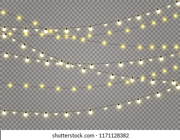 Christmas lights isolated realistic design elements. Glowing lights for Xmas Holiday cards, banners, posters, web design. Garlands decorations. Led neon lamp