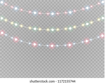 Christmas lights isolated realistic design elements. Glowing lights for Xmas Holiday cards, banners, posters, web design. Garlands decorations. Led neon lamp