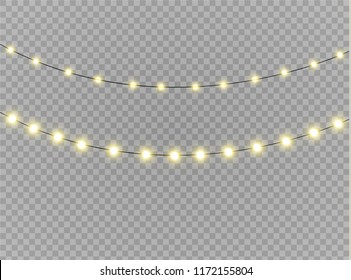 Christmas lights isolated realistic design elements. Glowing lights for Xmas Holiday cards, banners, posters, web design. Garlands decorations. Led neon lamp