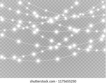 Christmas lights isolated realistic design elements. Glowing lights for Xmas Holiday cards, banners, posters, web design. Garlands decorations. Led neon lamp