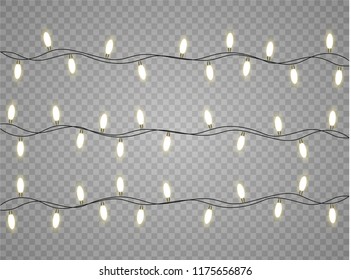 Christmas lights isolated realistic design elements. Glowing lights for Xmas Holiday cards, banners, posters, web design. Garlands decorations. Led neon lamp