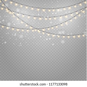 Christmas lights isolated realistic design elements. Glowing lights for Xmas Holiday cards, banners, posters, web design. Garlands decorations. Led neon lamp