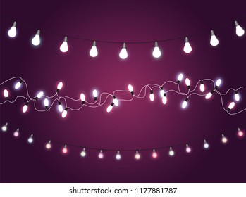 Christmas lights isolated realistic design elements. Glowing lights for Xmas Holiday cards, banners, posters, web design. Garlands decorations. Led neon lamp