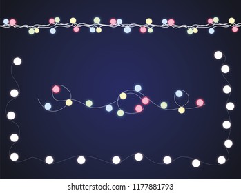 Christmas lights isolated realistic design elements. Glowing lights for Xmas Holiday cards, banners, posters, web design. Garlands decorations. Led neon lamp