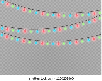 Christmas lights isolated realistic design elements. Glowing lights for Xmas Holiday cards, banners, posters, web design. Garlands decorations. Led neon lamp