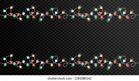 Christmas lights isolated realistic design elements. Xmas glowing lights. Garlands, Christmas decorations.