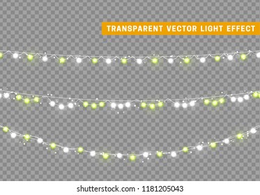 Christmas lights isolated realistic design elements. Xmas glowing lights. Garlands, Christmas decorations.