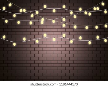 Christmas lights isolated realistic design elements. Glowing lights for Xmas Holiday cards, banners, posters, web design. Garlands decorations. Led neon lamp