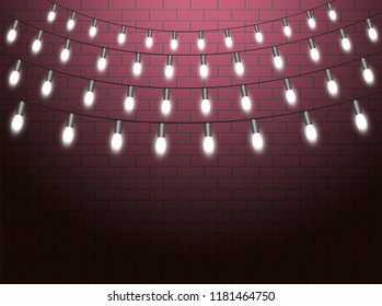 Christmas lights isolated realistic design elements. Glowing lights for Xmas Holiday cards, banners, posters, web design. Garlands decorations. Led neon lamp