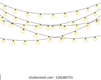Christmas lights isolated realistic design elements. Glowing lights for the Christmas holidays, banners, posters, web design. Ornaments of a garland.