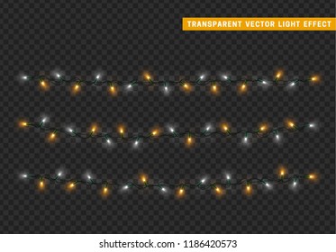 Christmas lights isolated realistic design. Lights garlands color white and yellow. Glowing Xmas decorations.