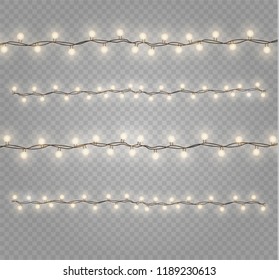 Christmas lights isolated realistic design elements. Glowing lights for Xmas Holiday cards, banners, posters, web design. Garlands decorations. Led neon lamp