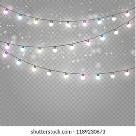 Christmas lights isolated realistic design elements. Glowing lights for Xmas Holiday cards, banners, posters, web design. Garlands decorations. Led neon lamp