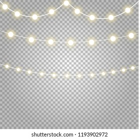 Christmas lights isolated realistic design elements. Glowing lights for Xmas Holiday cards, banners, posters, web design. Garlands decorations. Led neon lamp