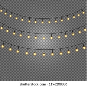 Christmas lights isolated realistic design elements. Glowing lights for Xmas Holiday cards, banners, posters, web design. Garlands decorations. Led neon lamp