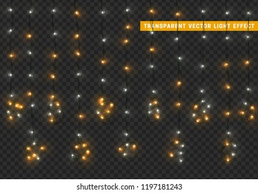 Christmas lights, isolated realistic design elements on transparent background. Xmas decorations glow light garlands white and golden color.