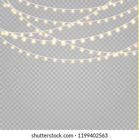 Christmas lights isolated realistic design elements. Glowing lights for Xmas Holiday cards, banners, posters, web design. Garlands decorations. Led neon lamp
