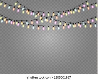 Christmas lights isolated realistic design elements. Glowing lights for Xmas Holiday cards, banners, posters, web design. Garlands decorations. Led neon lamp