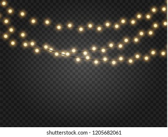 Christmas lights isolated realistic design elements. Glowing lights for Xmas Holiday cards, banners, posters, web design. Garlands decorations. Led neon lamp