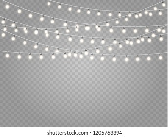 Christmas lights isolated realistic design elements. Glowing lights for Xmas Holiday cards, banners, posters, web design. Garlands decorations. Led neon lamp