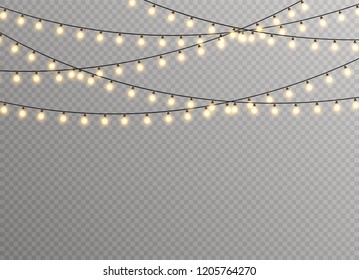 Christmas lights isolated realistic design elements. Glowing lights for Xmas Holiday cards, banners, posters, web design. Garlands decorations. Led neon lamp