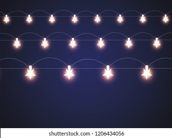 Christmas lights isolated realistic design elements. Glowing lights for Xmas Holiday cards, banners, posters, web design. Garlands decorations. Led neon lamp