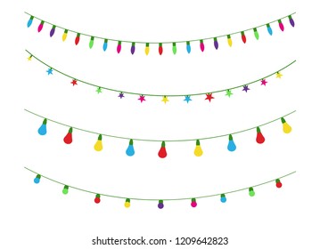 Christmas lights isolated realistic design elements. Glowing lights for Xmas Holiday cards, banners, posters, web design. Garlands decorations. Led neon lamp