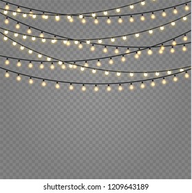 Christmas lights isolated realistic design elements. Glowing lights for Xmas Holiday cards, banners, posters, web design. Garlands decorations. Led neon lamp