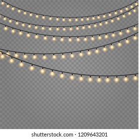 Christmas lights isolated realistic design elements. Glowing lights for Xmas Holiday cards, banners, posters, web design. Garlands decorations. Led neon lamp