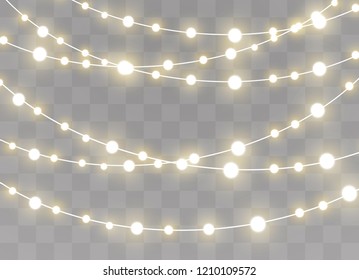 Christmas lights isolated realistic design elements. Glowing lights for Xmas Holiday cards, banners, posters, web design. Garlands decorations. Led neon lamp