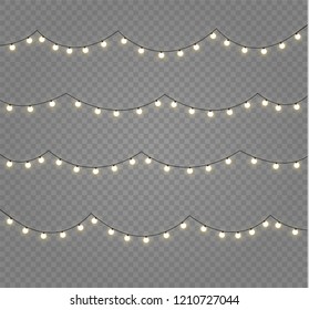 Christmas lights isolated realistic design elements. Glowing lights for Xmas Holiday cards, banners, posters, web design. Garlands decorations. Led neon lamp