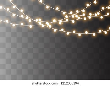 Christmas lights isolated realistic design elements. Glowing lights for Xmas Holiday cards, banners, posters, web design. Garlands decorations. Led neon lamp