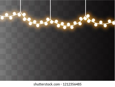 Christmas lights isolated realistic design elements. Glowing lights for Xmas Holiday cards, banners, posters, web design. Garlands decorations. Led neon lamp