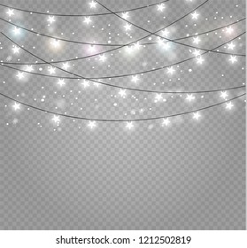 Christmas lights isolated realistic design elements. Glowing lights for Xmas Holiday cards, banners, posters, web design. Garlands decorations. Led neon lamp