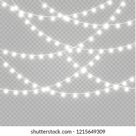 Christmas lights isolated realistic design elements. Glowing lights for Xmas Holiday cards, banners, posters, web design. Garlands decorations. Led neon lamp