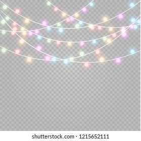 Christmas lights isolated realistic design elements. Glowing lights for Xmas Holiday cards, banners, posters, web design. Garlands decorations. Led neon lamp