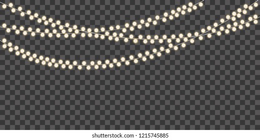Christmas lights isolated realistic design elements. Glowing lights for Xmas Holiday cards, banners, posters, web design. Garlands decorations. Led neon lamp