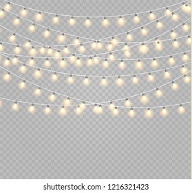 Christmas lights isolated realistic design elements. Glowing lights for Xmas Holiday cards, banners, posters, web design. Garlands decorations. Led neon lamp