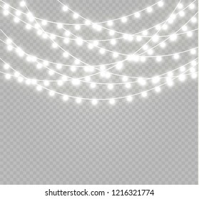 Christmas lights isolated realistic design elements. Glowing lights for Xmas Holiday cards, banners, posters, web design. Garlands decorations. Led neon lamp