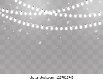 Christmas lights isolated realistic design elements. Glowing lights for Xmas Holiday cards, banners, posters, web design. Garlands decorations. Led neon lamp